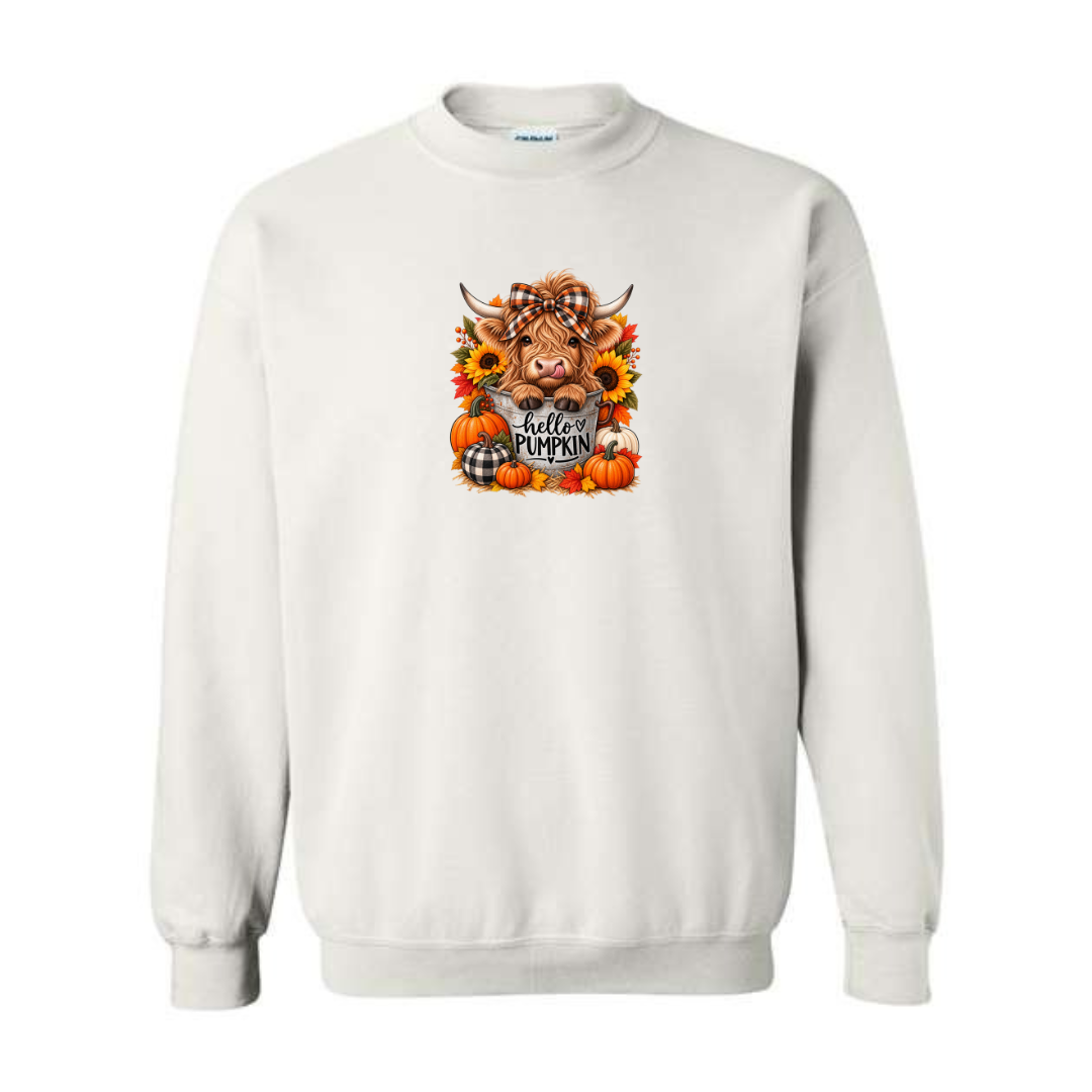 Hello Pumpkin Highland Cow design on white crewneck sweatshirt