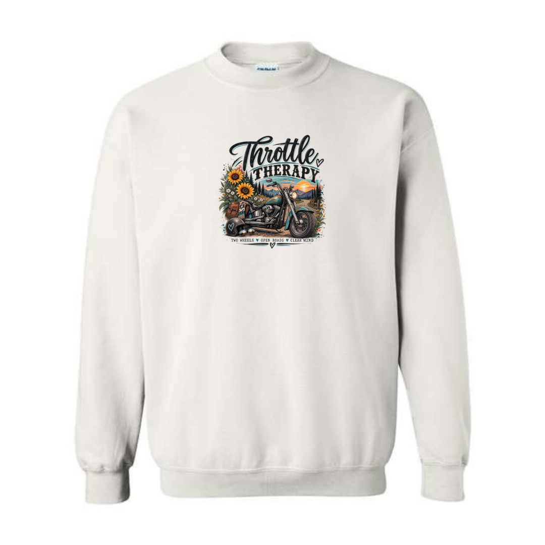Throttle Therapy design on white crewneck sweatshirt