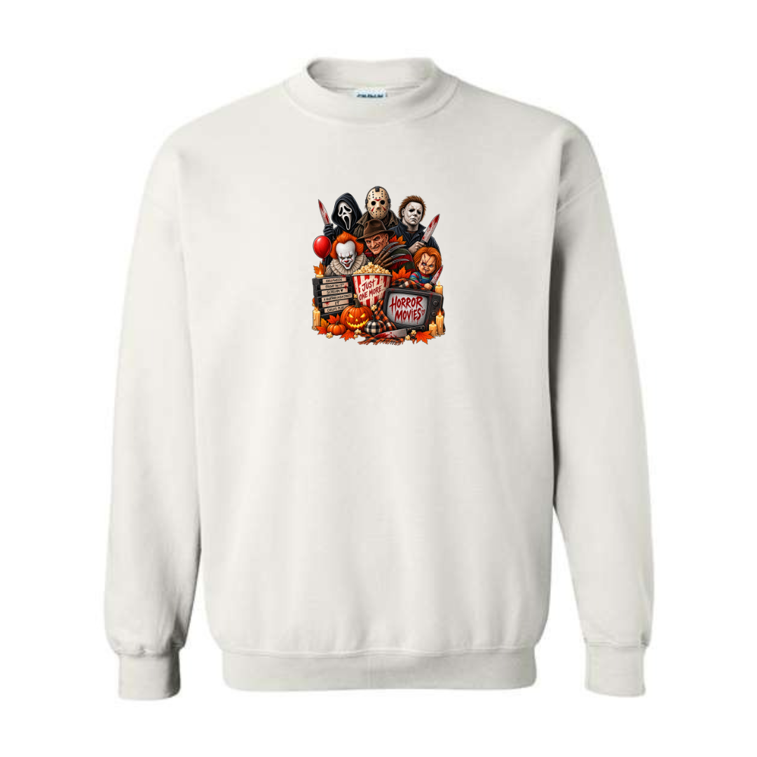 Just One More Horror Movie design on white crewneck sweatshirt