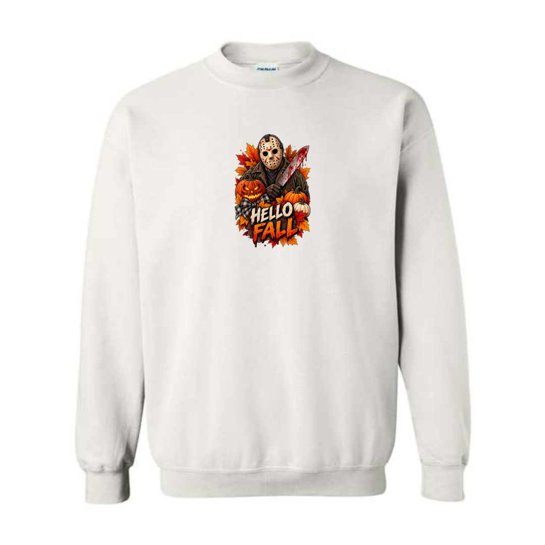 Hello Fall design on white crewneck sweatshirt