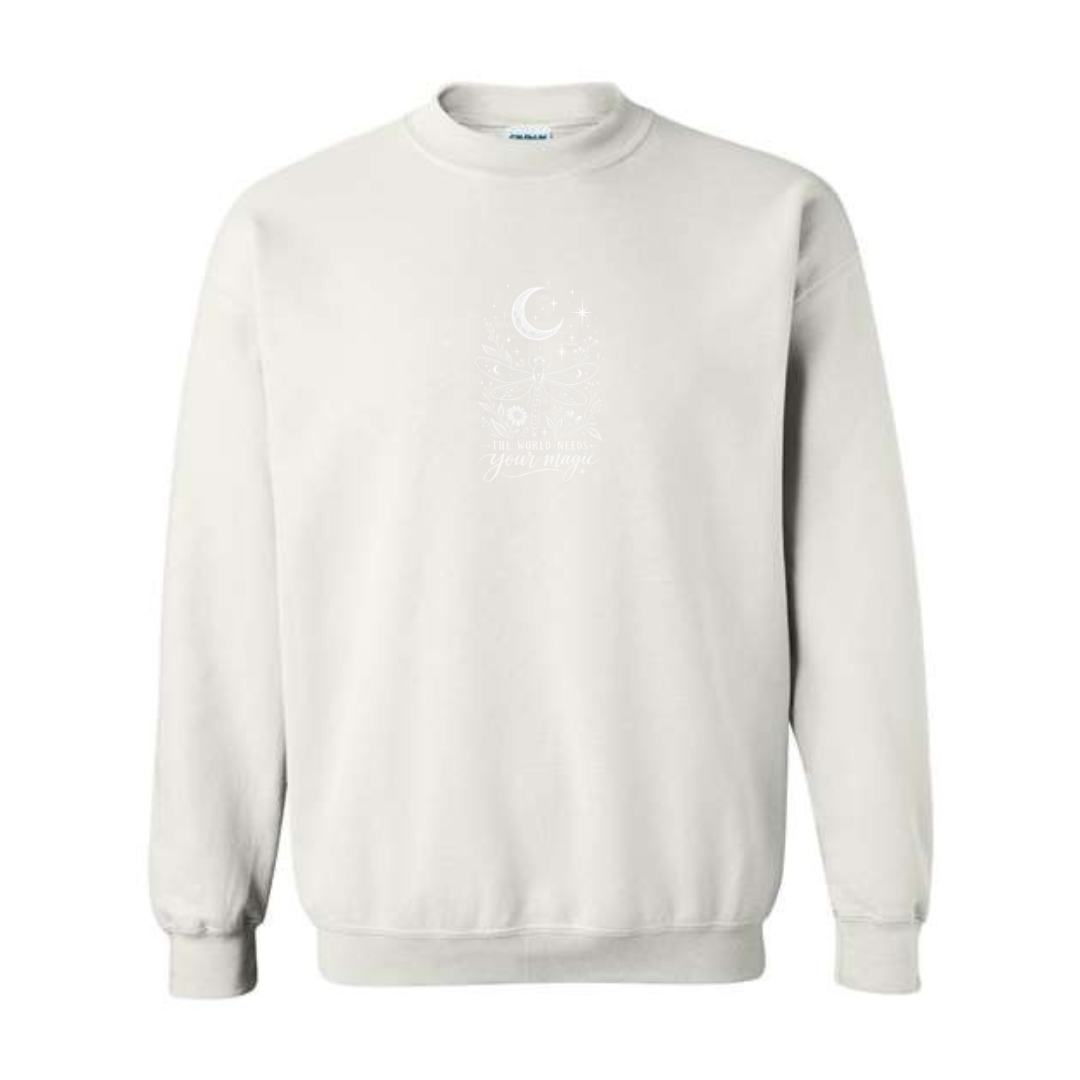 The World Needs Your Magic design on white crewneck sweatshirt