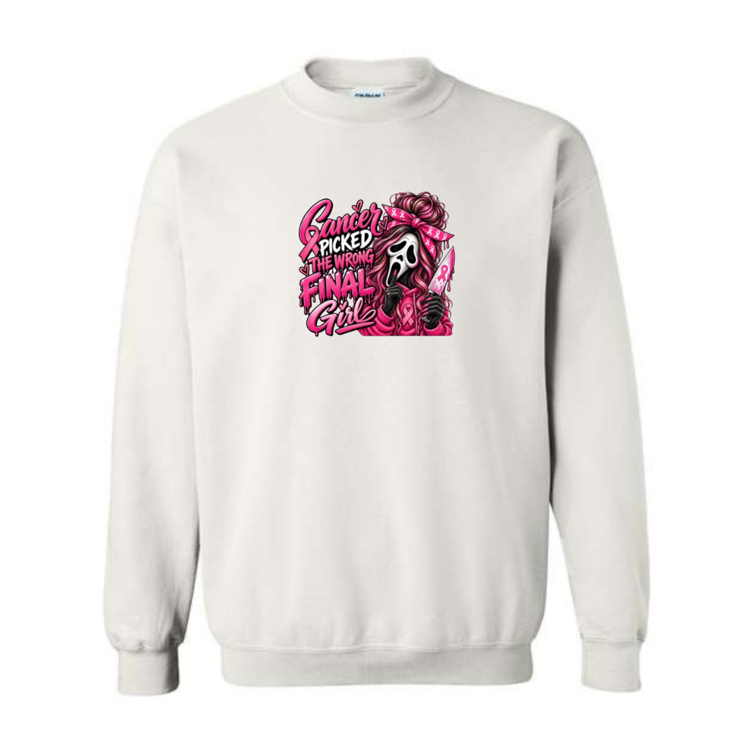 Cancer Picked The Wrong Final Girl design on white crewneck sweatshirt