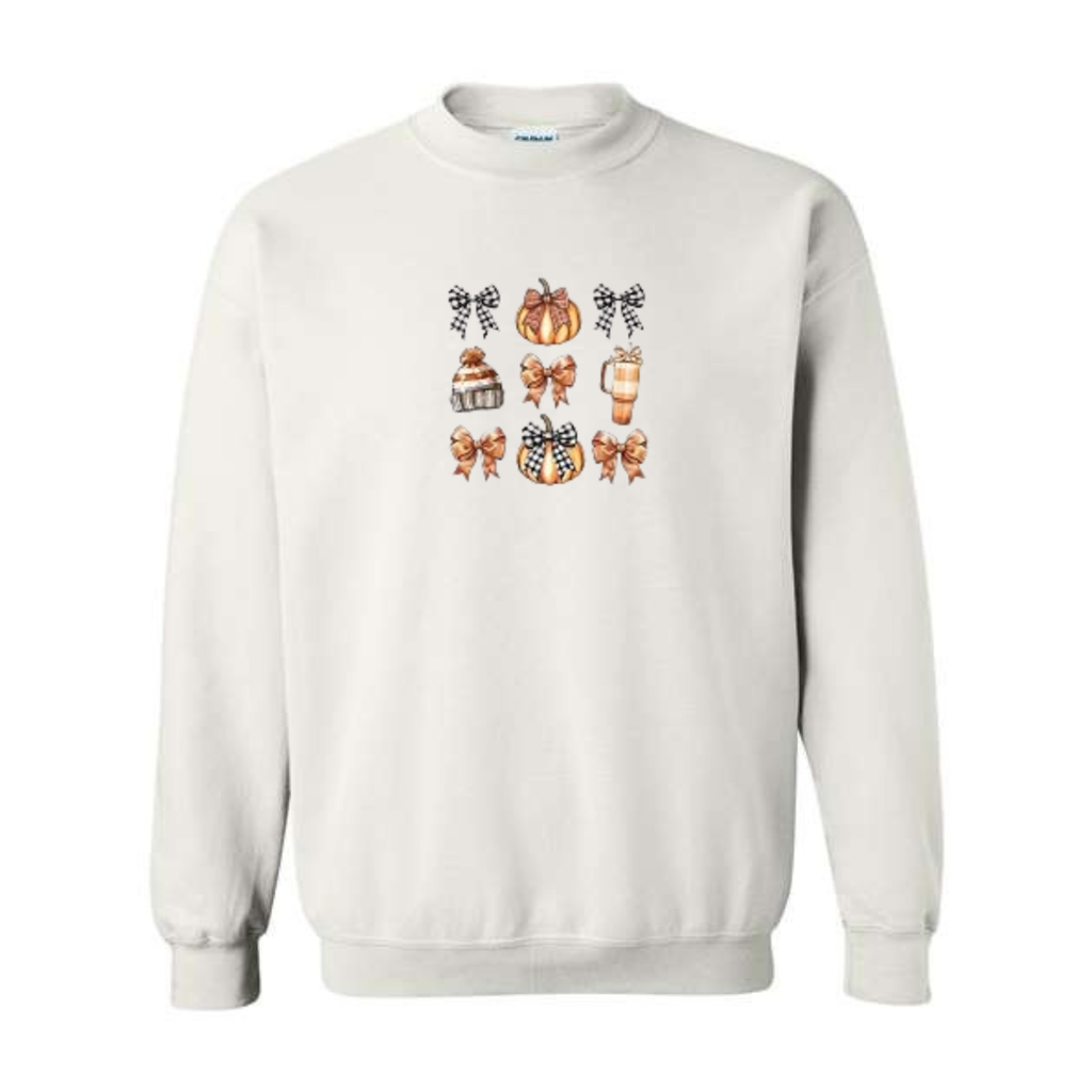 Cozy Bows and Brews design on white crewneck sweatshirt