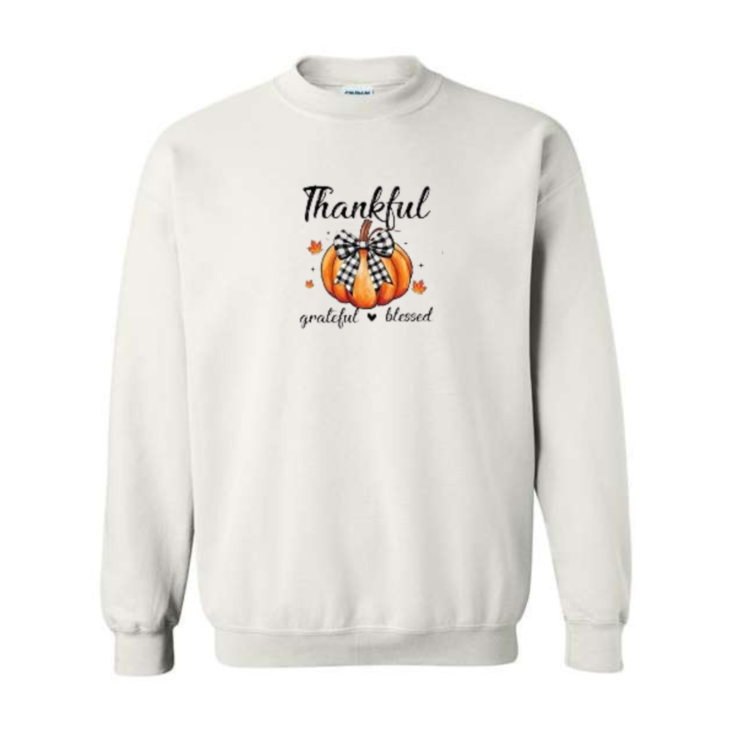 Thankful Grateful Blessed design on white crewneck sweatshirt