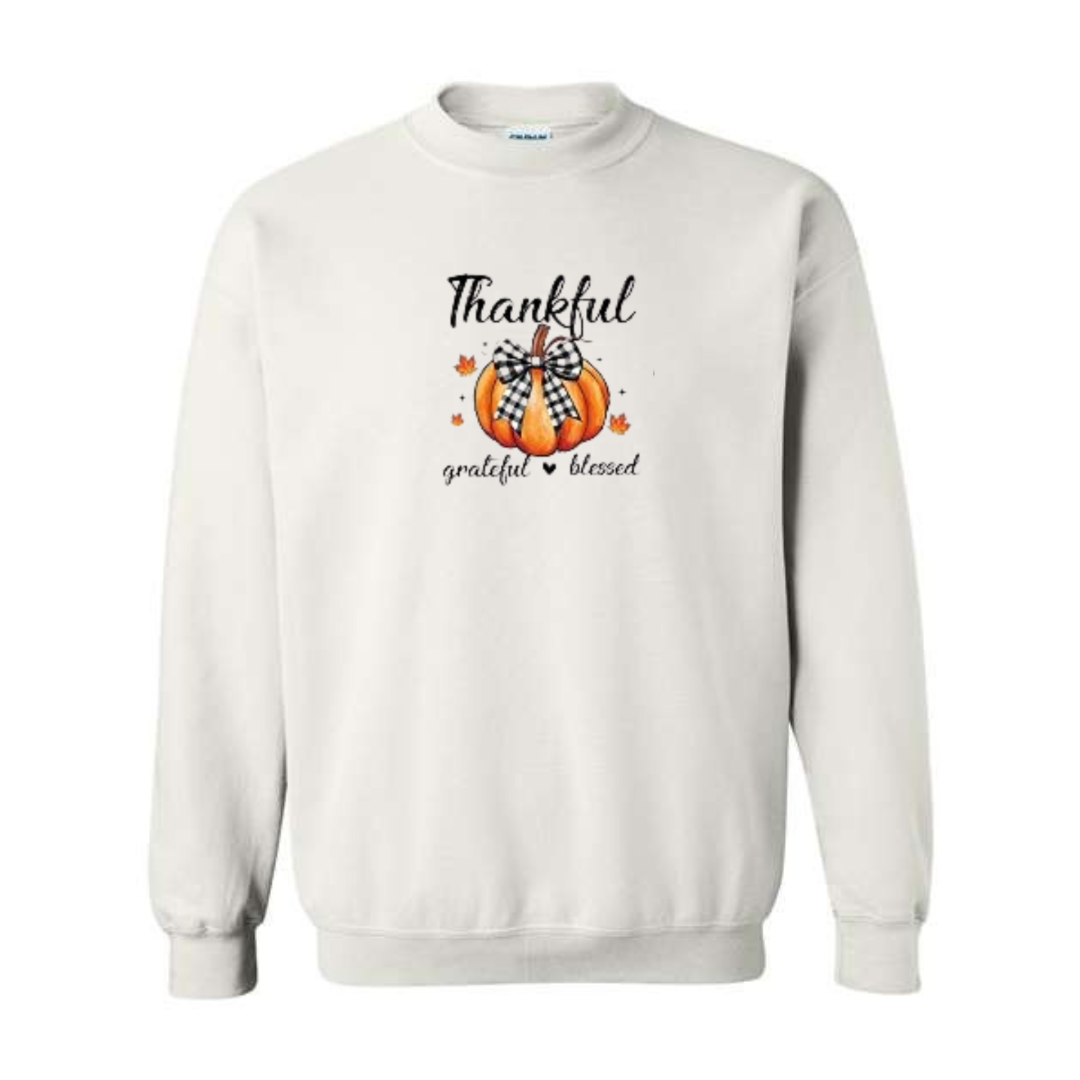 Thankful Grateful Blessed design on white crewneck sweatshirt
