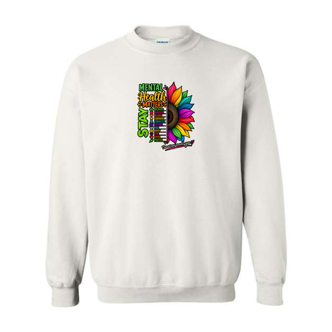 Mental Health Matters — Rainbow Sunflower design on white crewneck sweatshirt