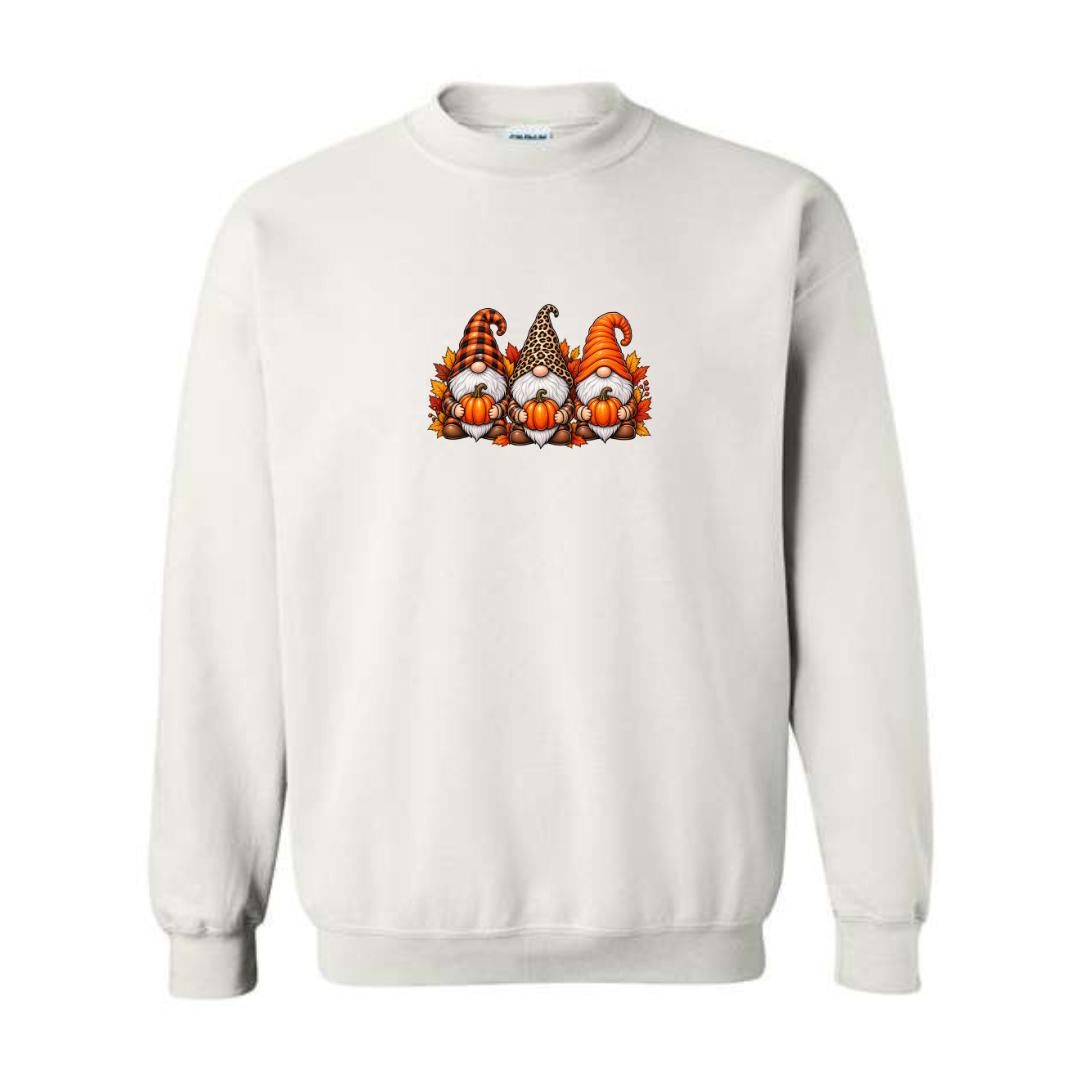 Fall Gnomes design on white crewneck sweatshirt