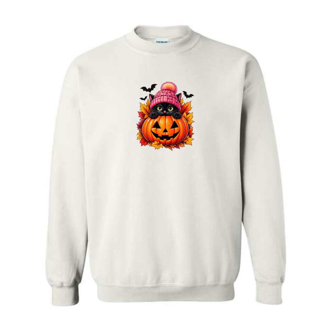 Black Cat Jack-O-Lantern design on white crewneck sweatshirt