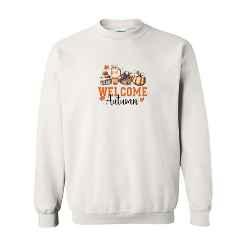 Welcome Autumn design on white crewneck sweatshirt