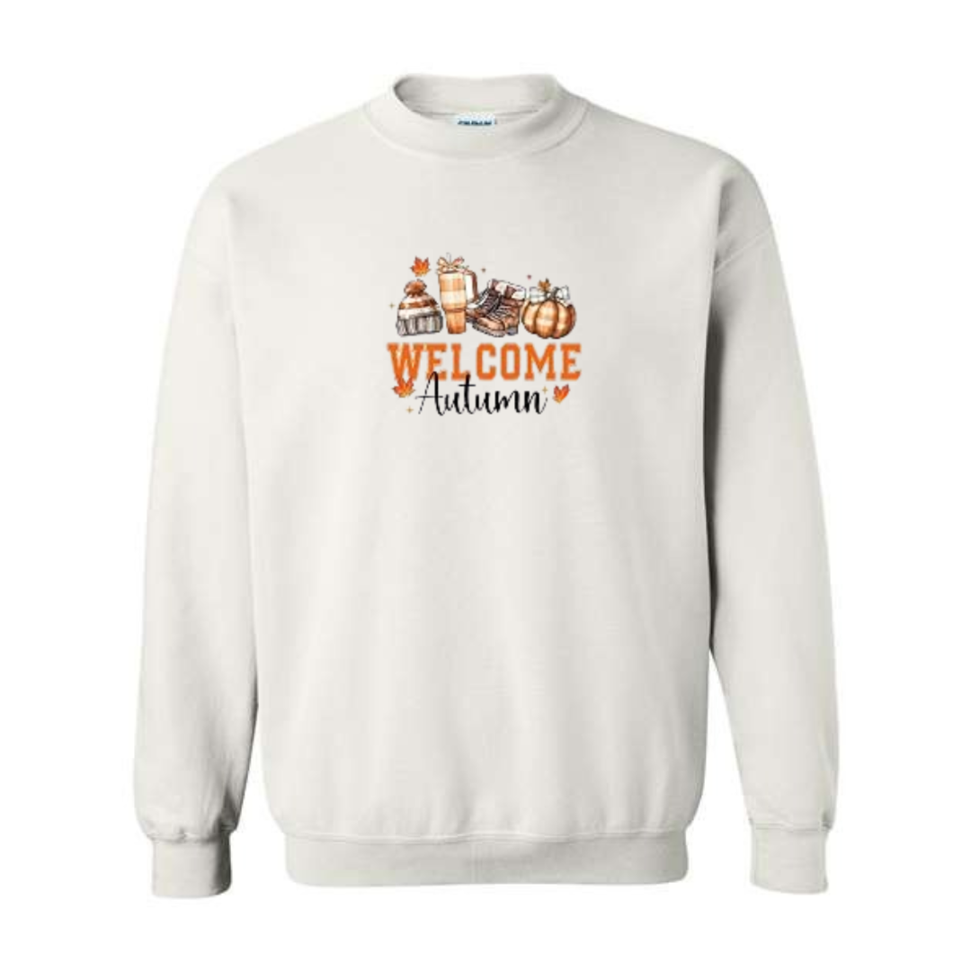 Welcome Autumn design on white crewneck sweatshirt