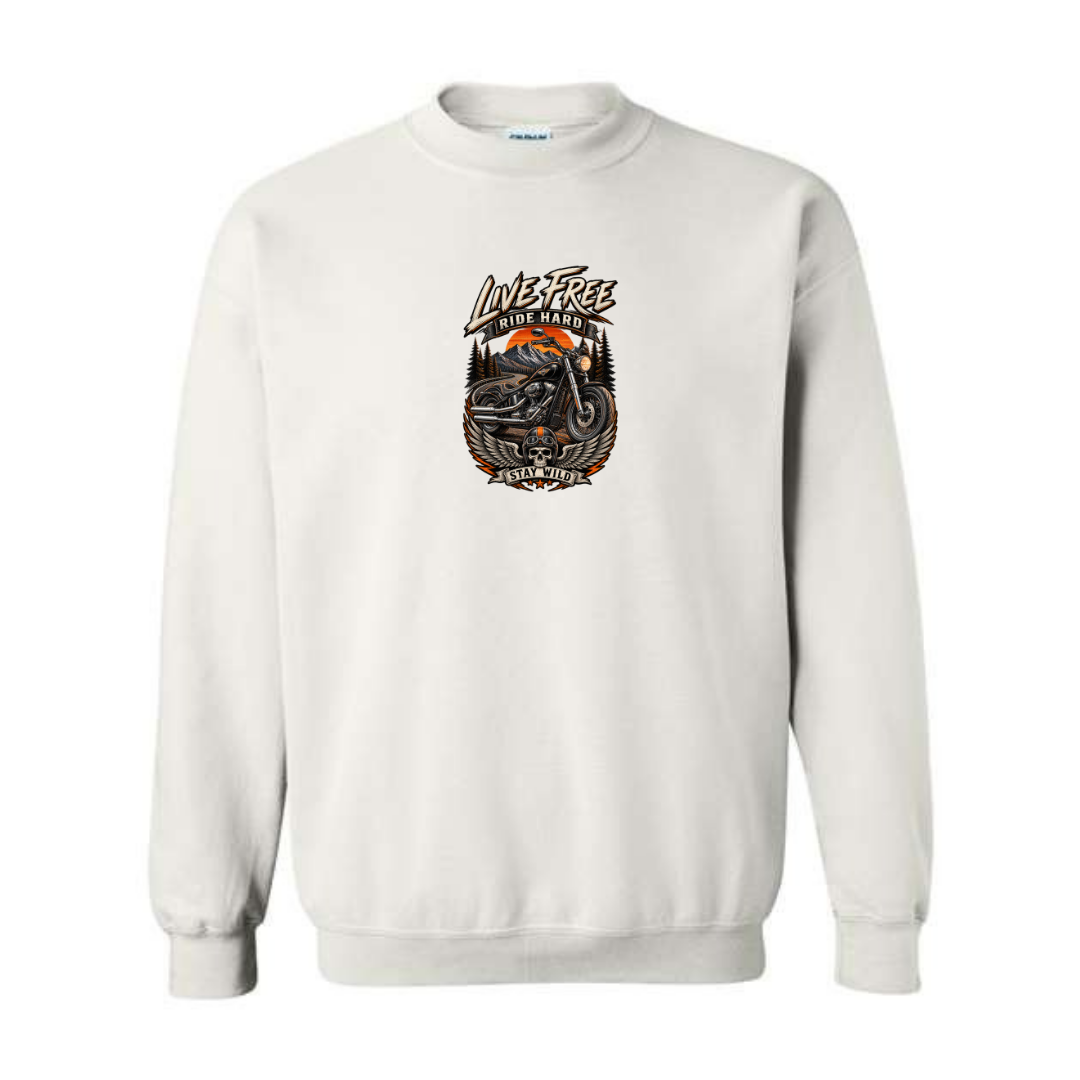 Live Free Ride Hard design on white crewneck sweatshirt