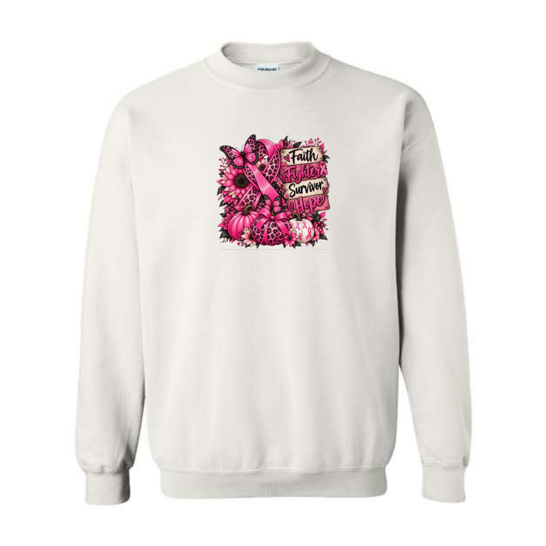 Faith Fighter Survivor Hope design on white crewneck sweatshirt