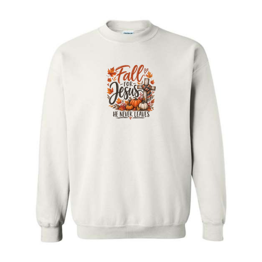 Fall For Jesus He Never Leaves — Watercolor design on white crewneck sweatshirt