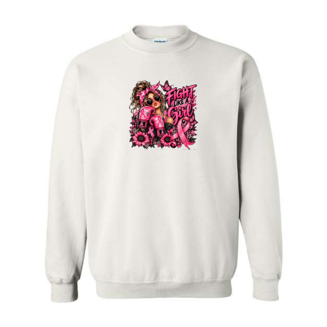 Fight Like A Girl — Boxing Gloves design on white crewneck sweatshirt