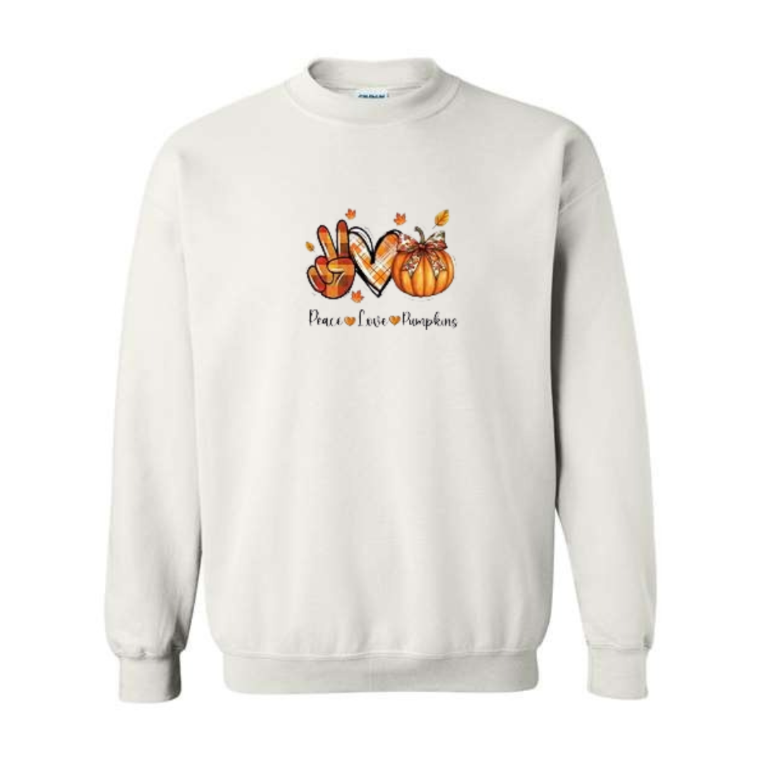 Peace Love Pumpkins design on white crewneck sweatshirt