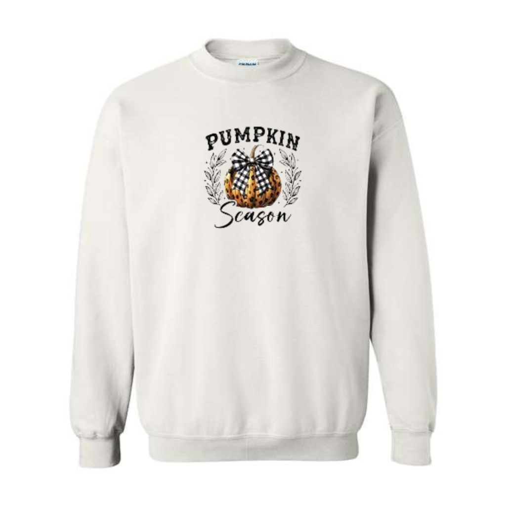 Pumpkin Season design on white crewneck sweatshirt