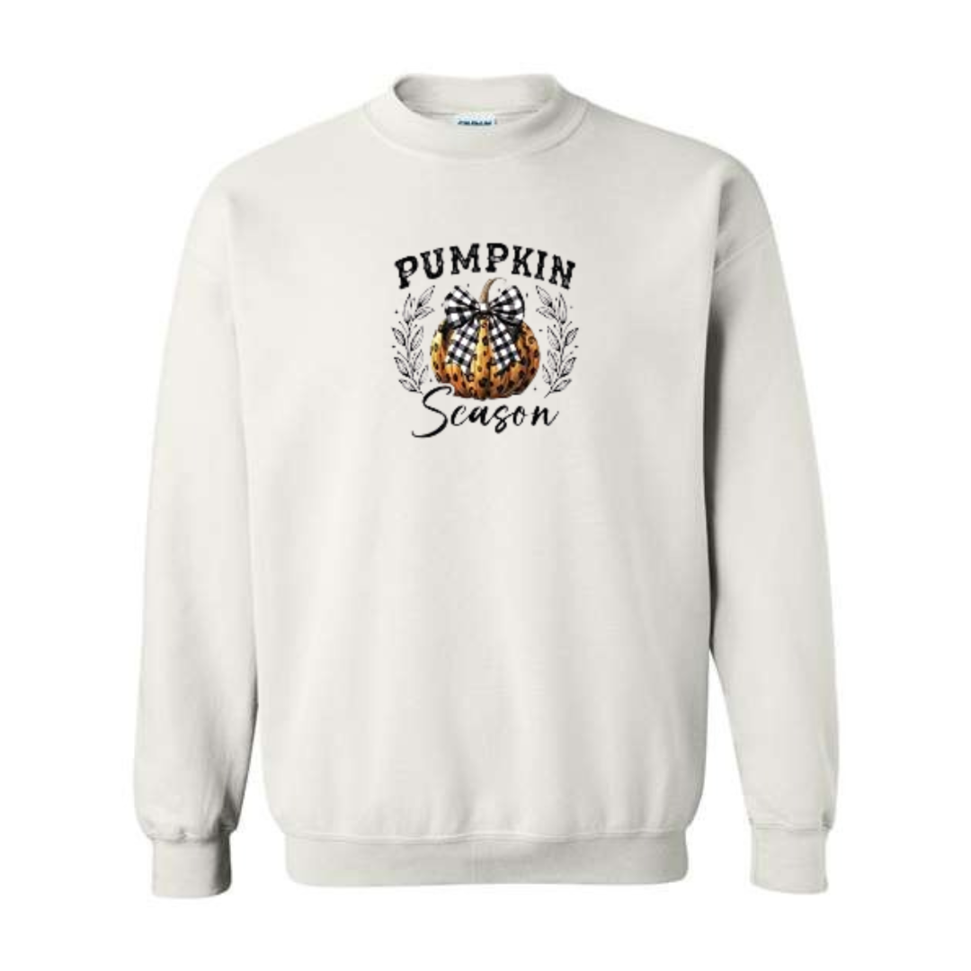 Pumpkin Season design on white crewneck sweatshirt