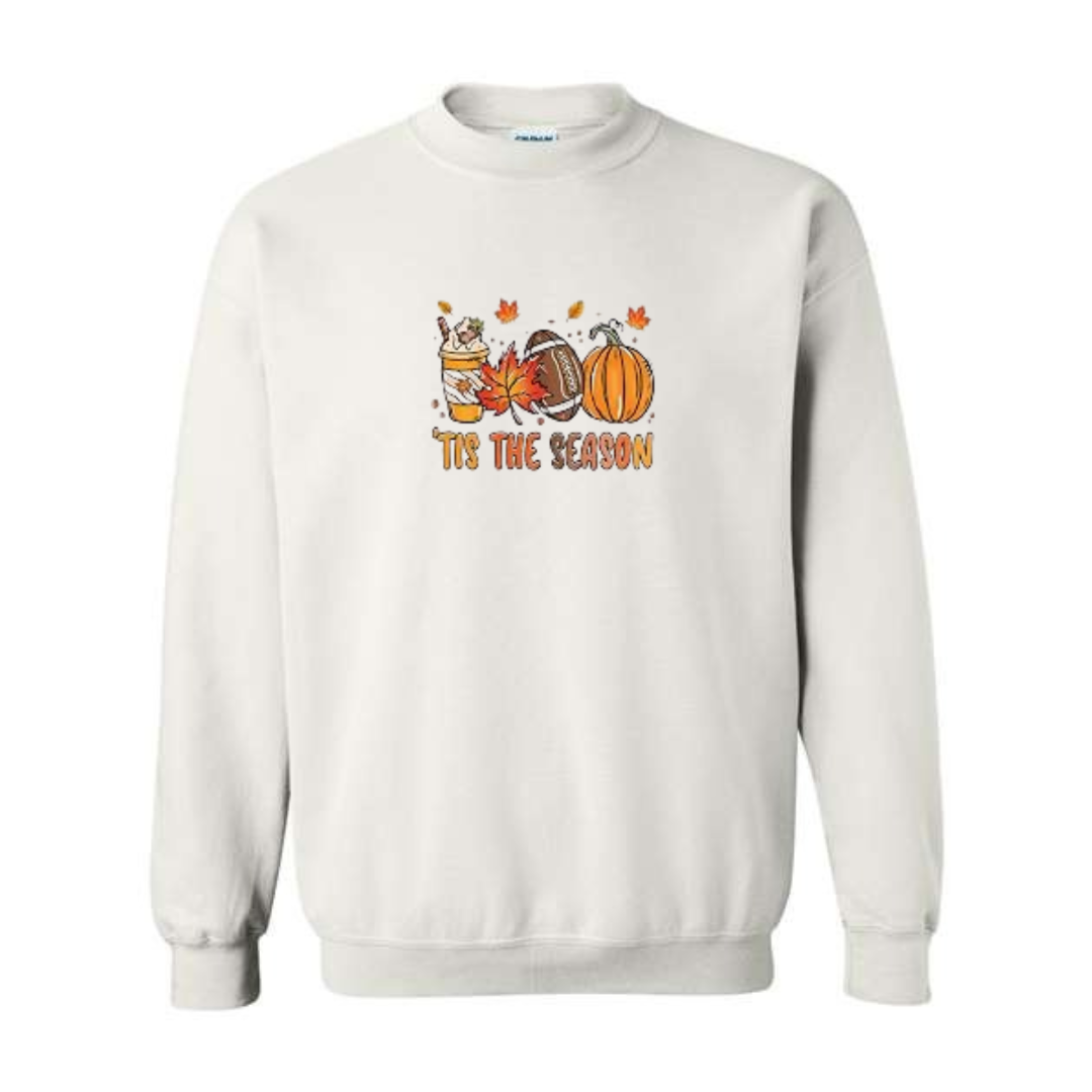 Tis The Season design on white crewneck sweatshirt