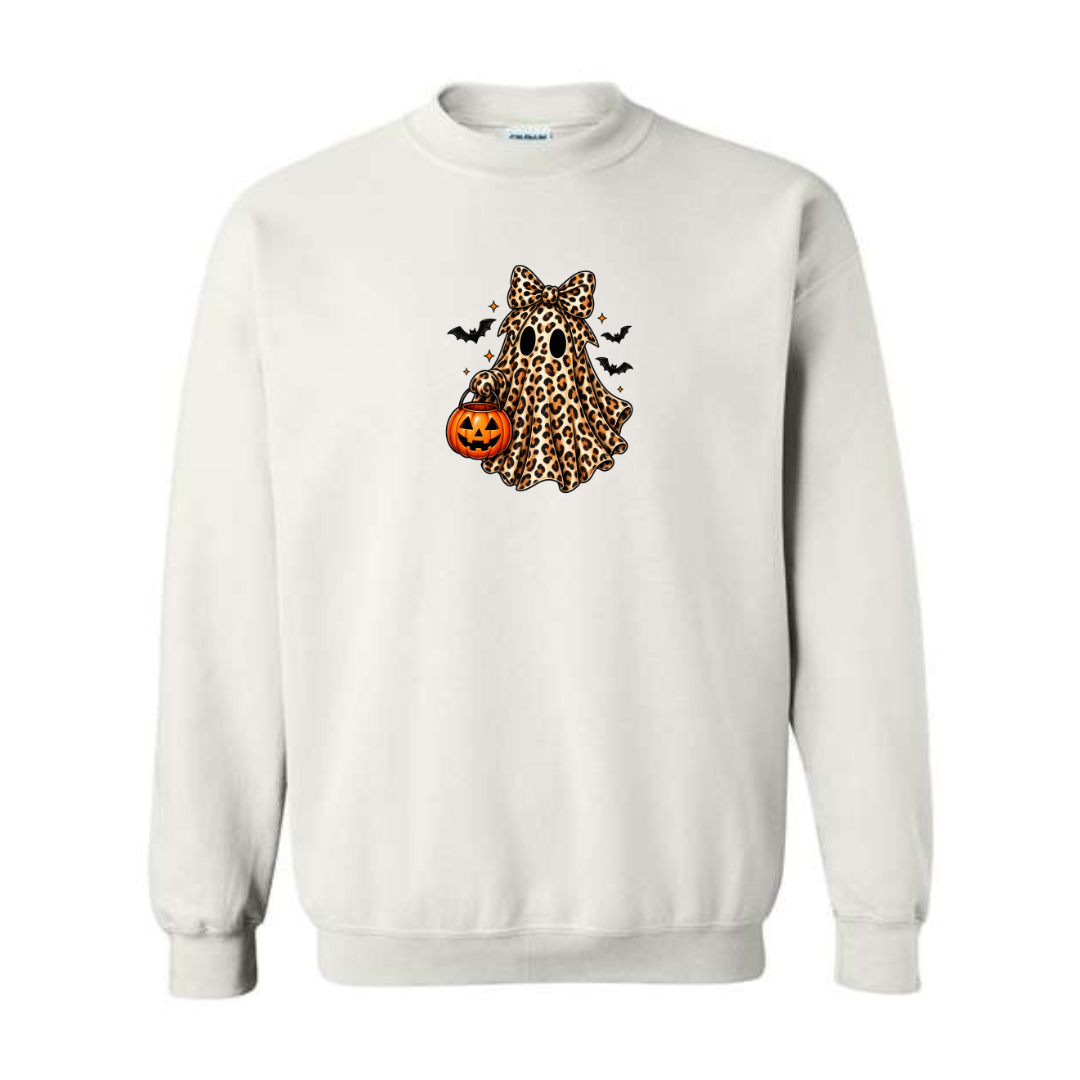 Leopard Ghost With Pumpkin Pail design on white crewneck sweatshirt