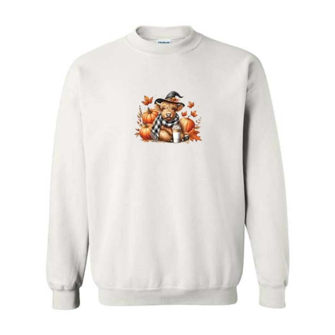 Cozy Highland Cow design on white crewneck sweatshirt