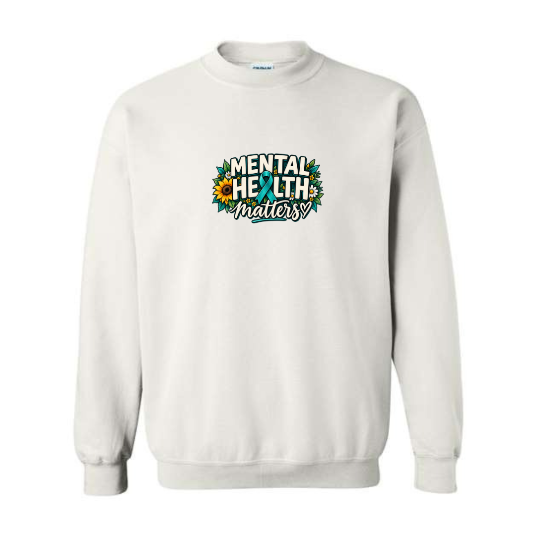 Mental Health Matters — Teal Ribbon design on white crewneck sweatshirt