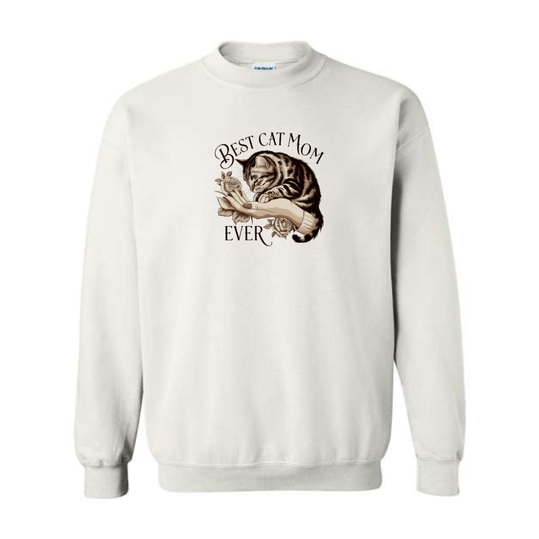 Best Cat Mom Ever design on white crewneck sweatshirt