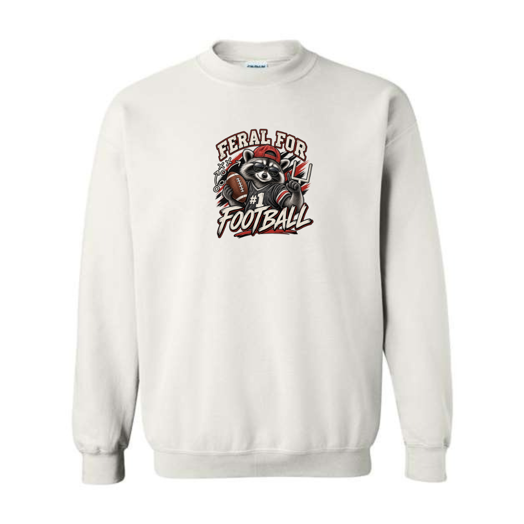 Feral For Football — Varsity Red design on white crewneck sweatshirt