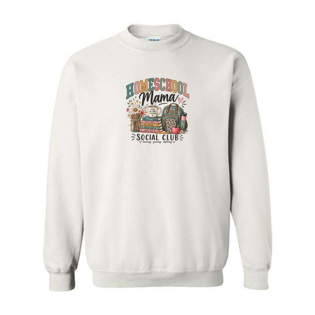 Homeschool Mama Social Club design on white crewneck sweatshirt