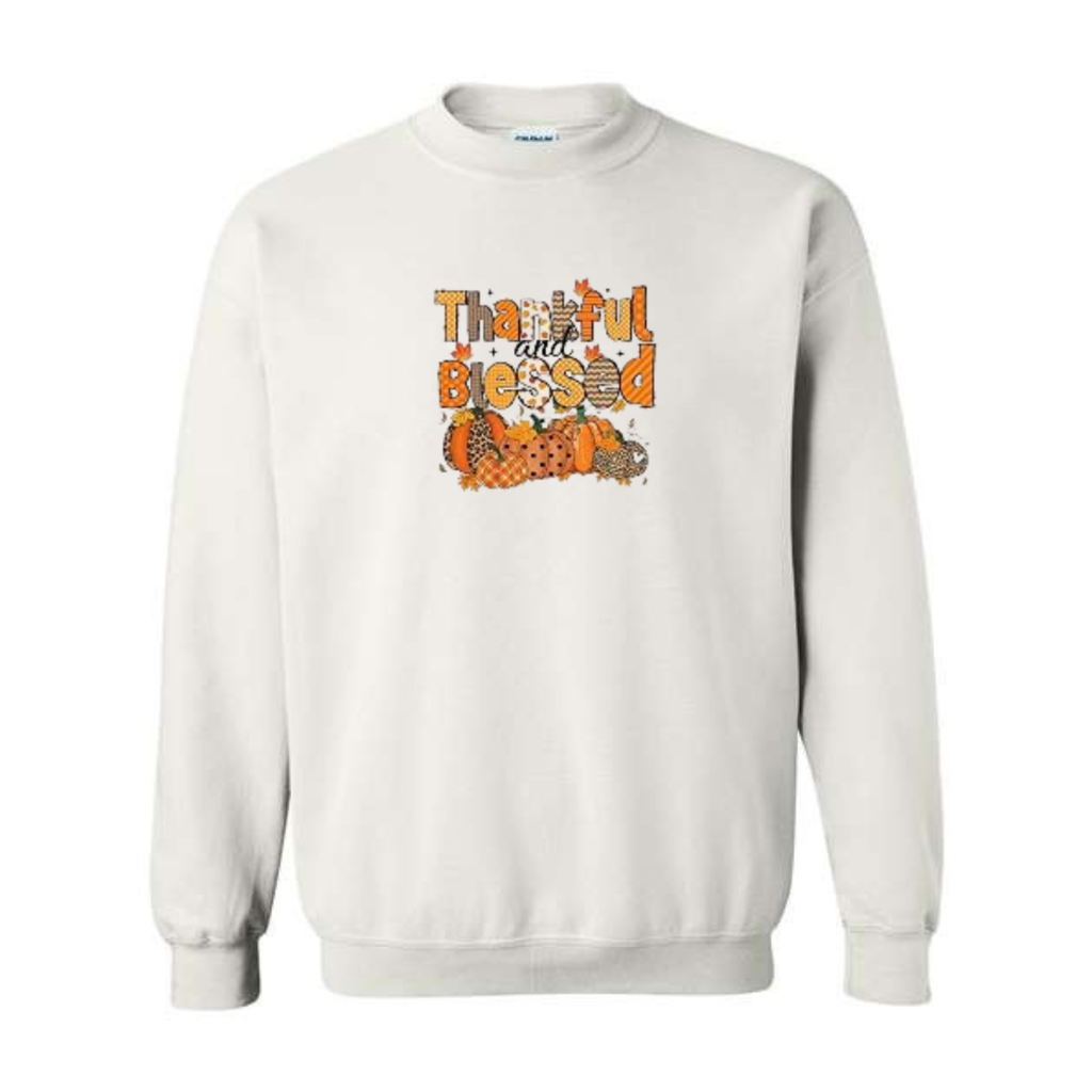Thankful And Blessed design on white crewneck sweatshirt