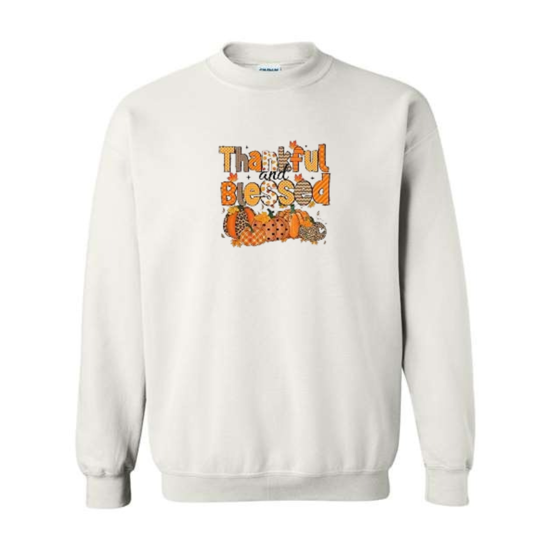 Thankful And Blessed design on white crewneck sweatshirt