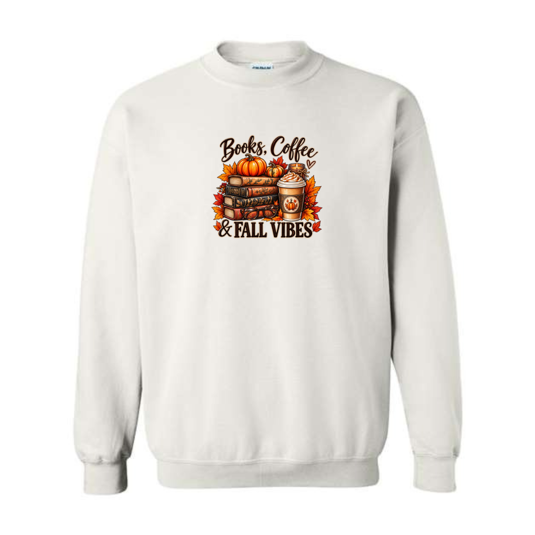 Books Coffee & Fall Vibes design on white crewneck sweatshirt
