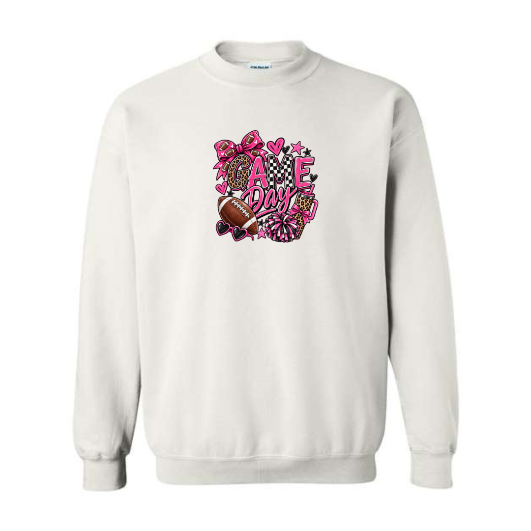 Game Day — Pink Leopard design on white crewneck sweatshirt