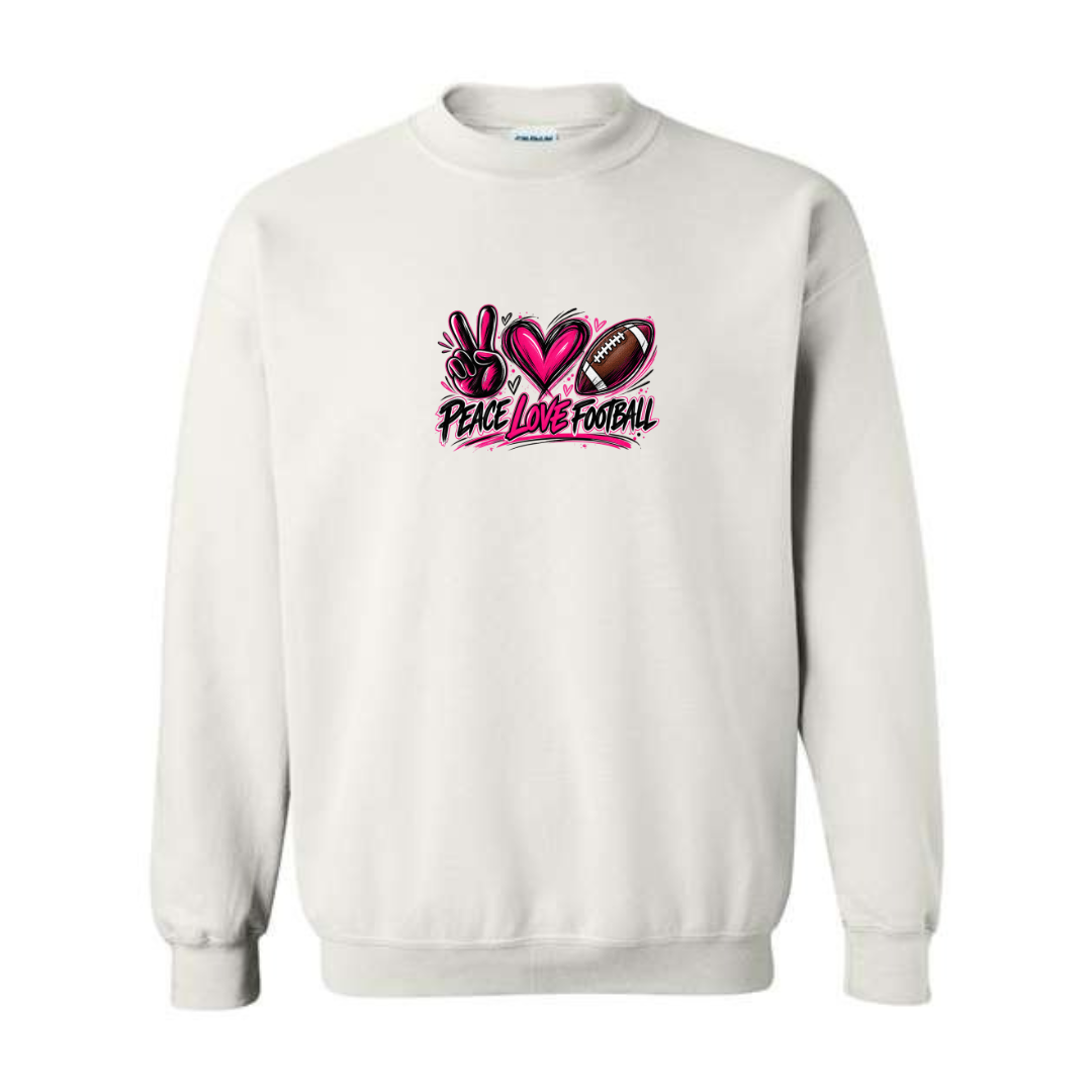 Peace Love Football design on white crewneck sweatshirt
