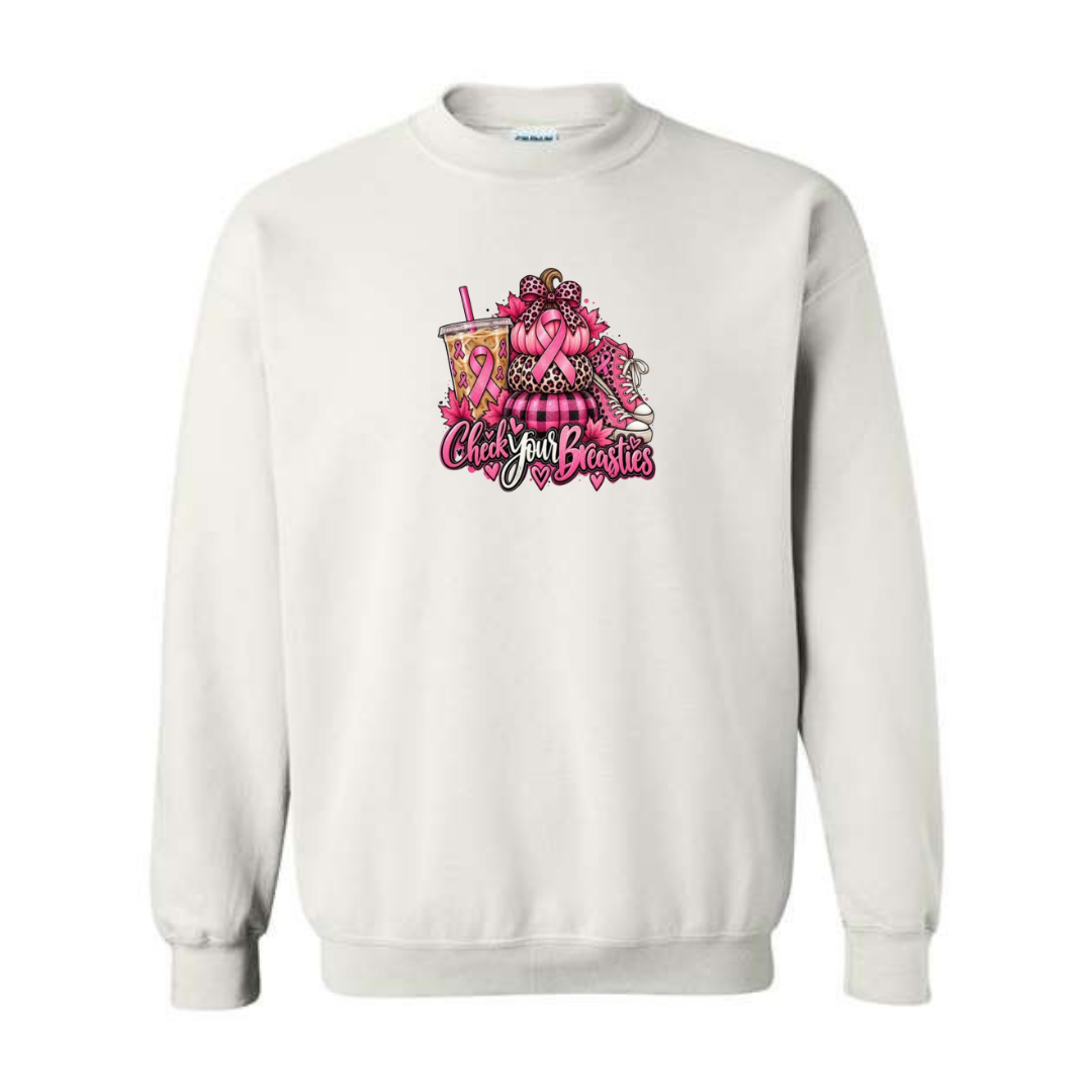 Check Your Breasties design on white crewneck sweatshirt
