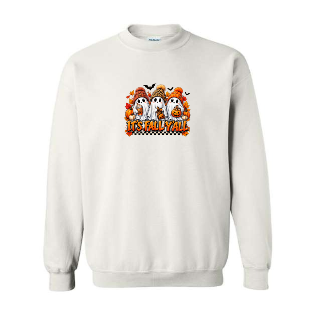 It's Fall Y'all design on white crewneck sweatshirt