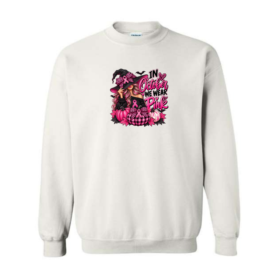 In October We Wear Pink — Witch Hat design on white crewneck sweatshirt