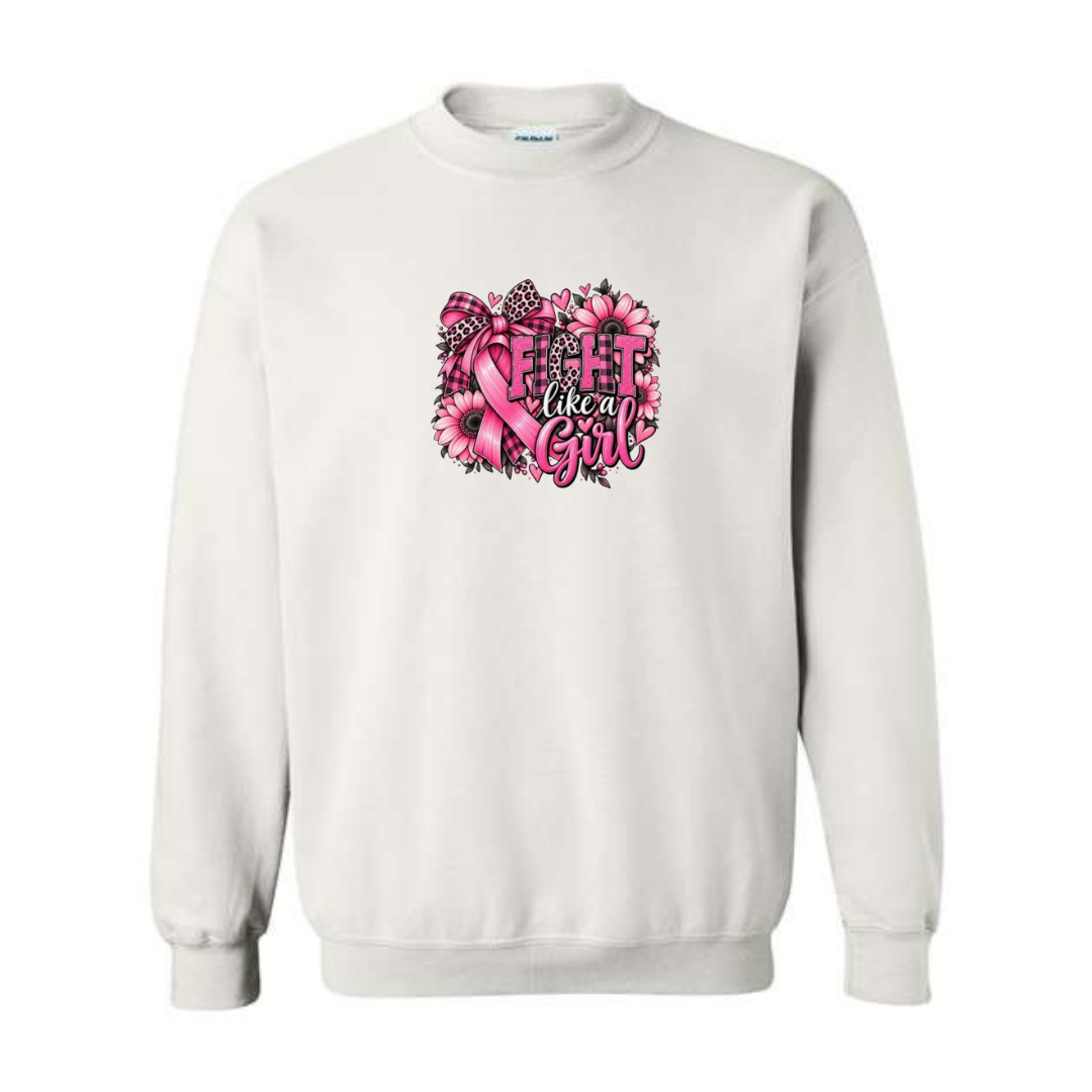 Fight Like A Girl — Sunflower Bow design on white crewneck sweatshirt