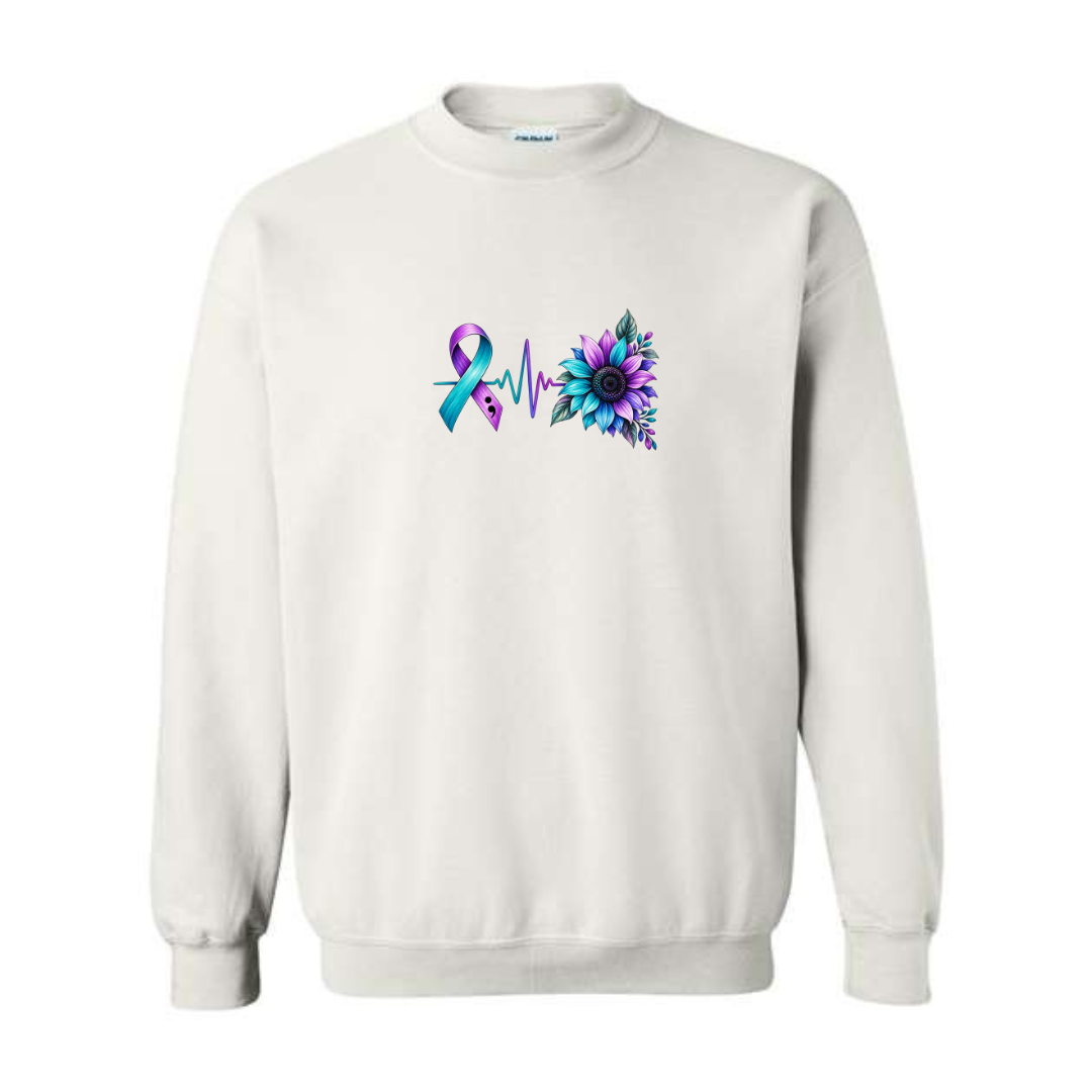 Suicide Prevention Ribbon Sunflower design on white crewneck sweatshirt