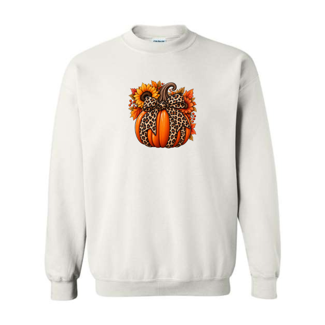 Leopard Pumpkin With Bow design on white crewneck sweatshirt