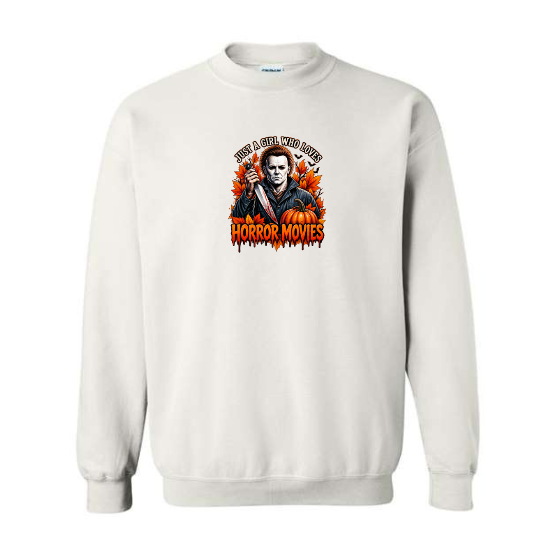 Just A Girl Who Loves Horror Movies design on white crewneck sweatshirt
