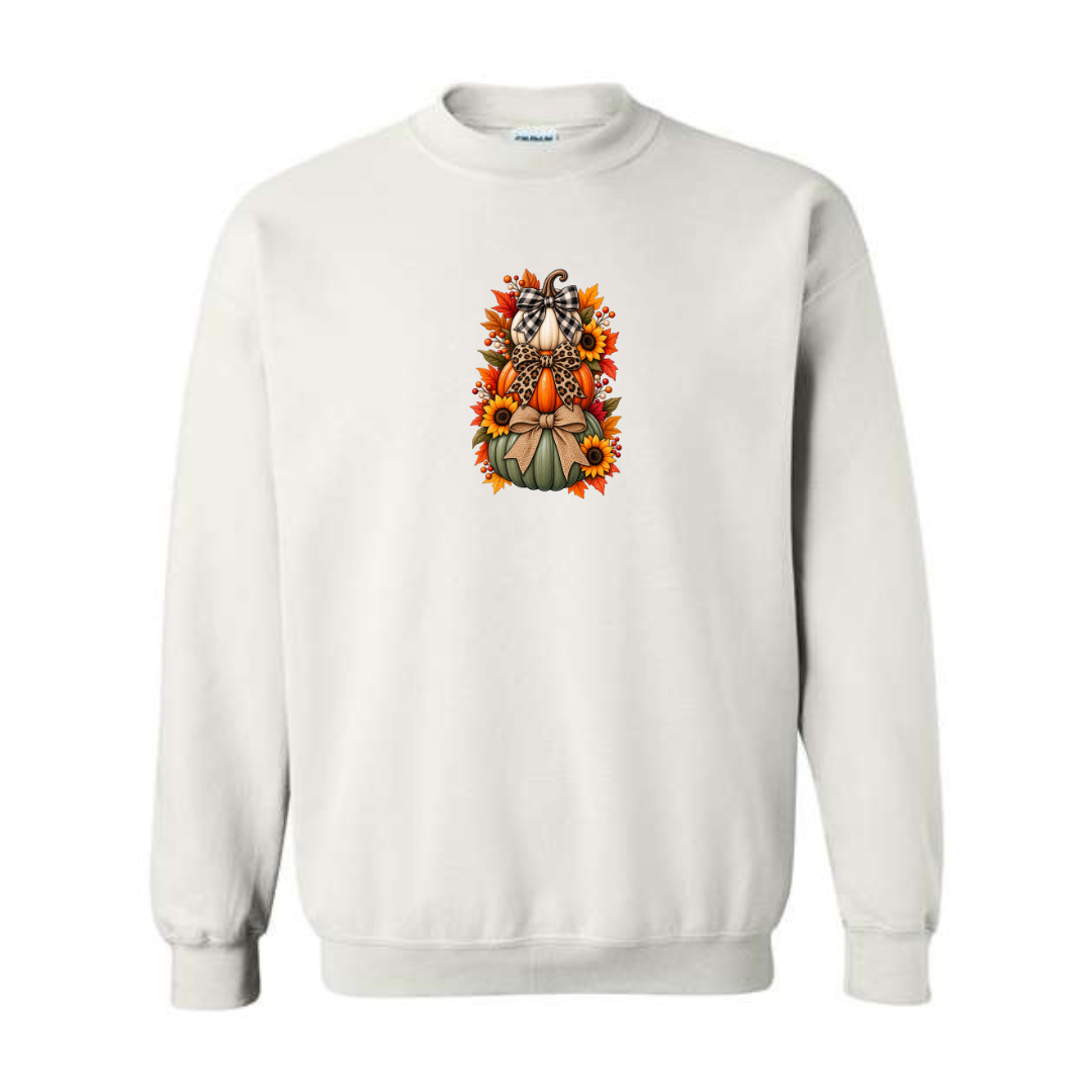 Stacked Pumpkins With Bows design on white crewneck sweatshirt
