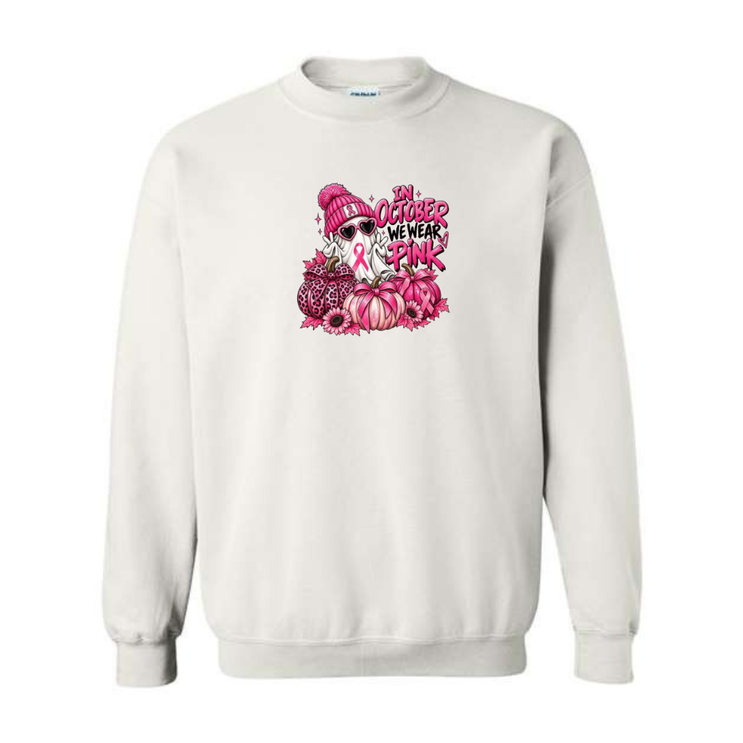 In October We Wear Pink — Ghost design on white crewneck sweatshirt