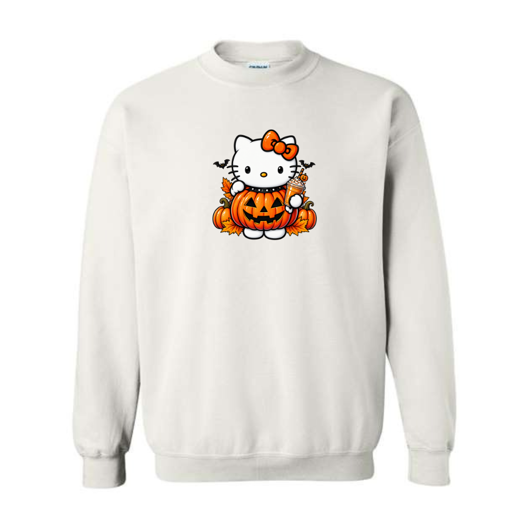 Kitty Pumpkin Latte design on white crewneck sweatshirt