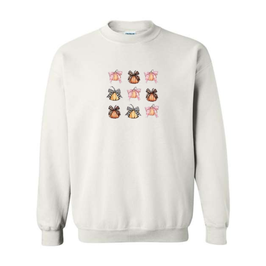 Coquette Pumpkin Bows design on white crewneck sweatshirt