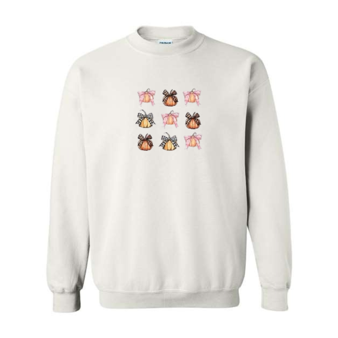 Coquette Pumpkin Bows design on white crewneck sweatshirt