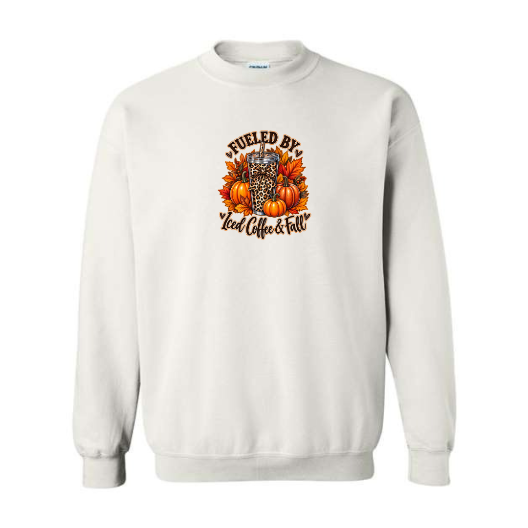 Fueled By Iced Coffee & Fall design on white crewneck sweatshirt