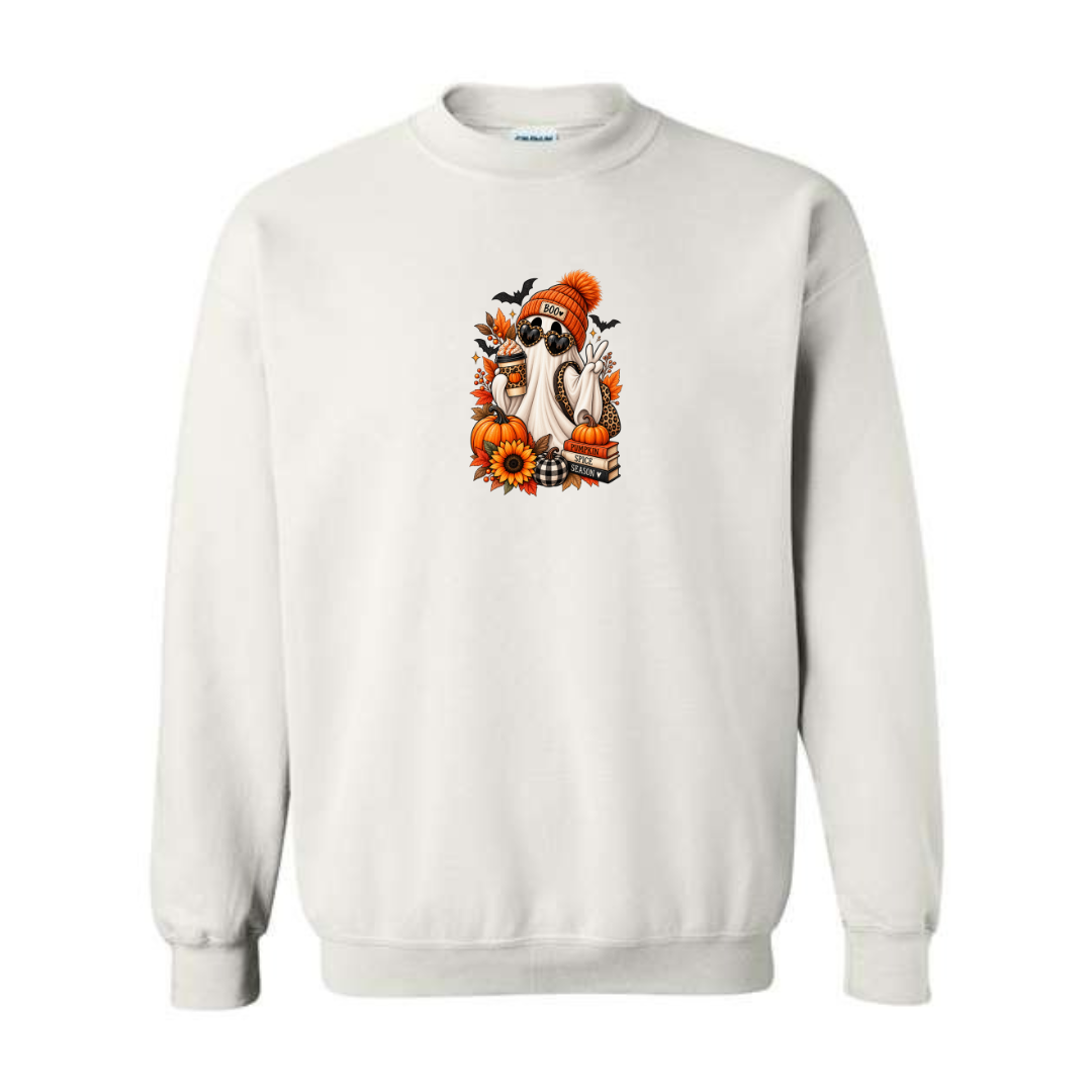 Pumpkin Spice Season Ghost design on white crewneck sweatshirt