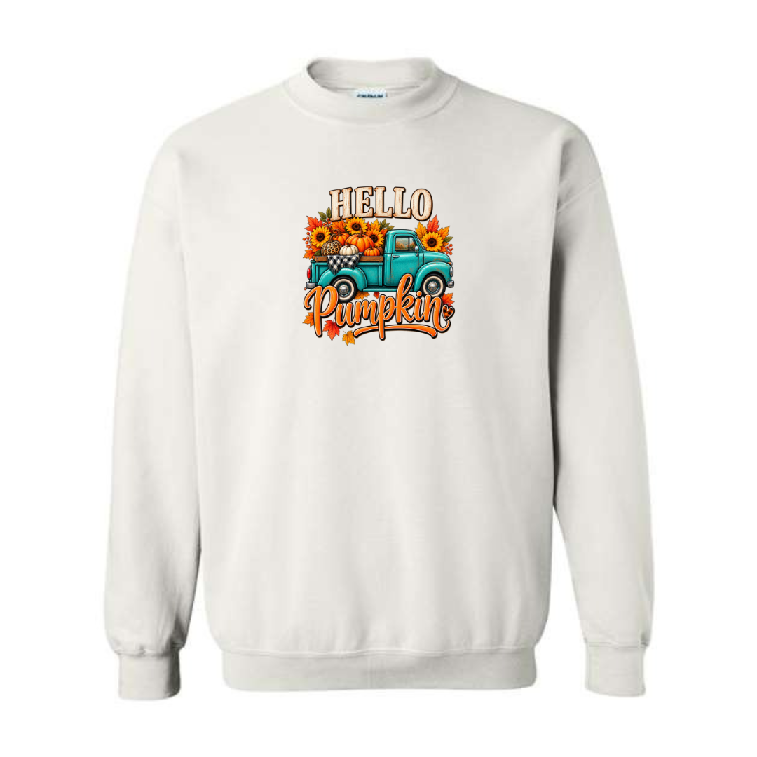 Hello Pumpkin Truck design on white crewneck sweatshirt