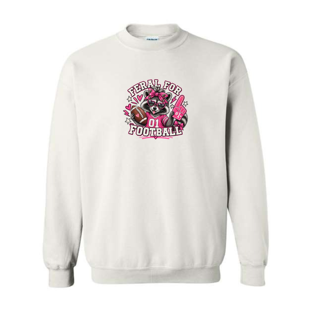 Feral For Football — Pink Cheer design on white crewneck sweatshirt