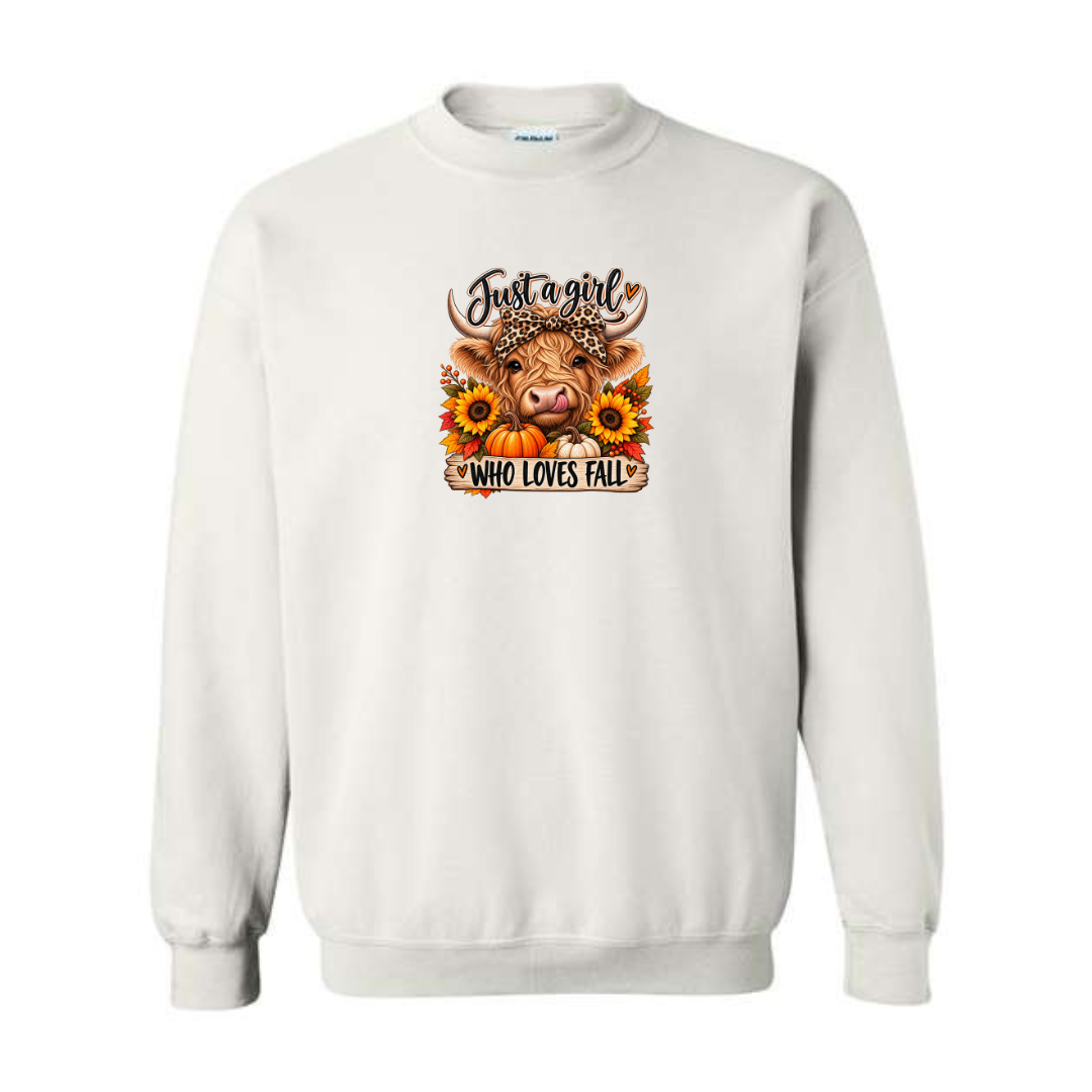 Just A Girl Who Loves Fall design on white crewneck sweatshirt